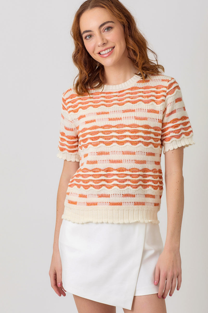 Bonbon Pointelle Knit Patterned Scalloped Trim Short Sleeve Sweater (Other Colors)
